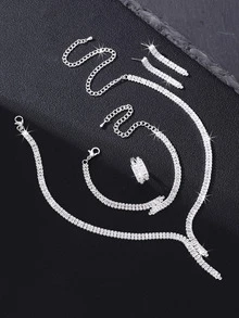 5pcs/Set High-End Elegant Zirconia Bridal Jewelry Set, Including Necklace, Earrings, Bracelet, And Ring, Perfect For Weddings And Formal Occasions - White - View 3