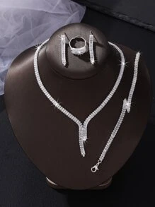 5pcs/Set High-End Elegant Zirconia Bridal Jewelry Set, Including Necklace, Earrings, Bracelet, And Ring, Perfect For Weddings And Formal Occasions - White - View 1