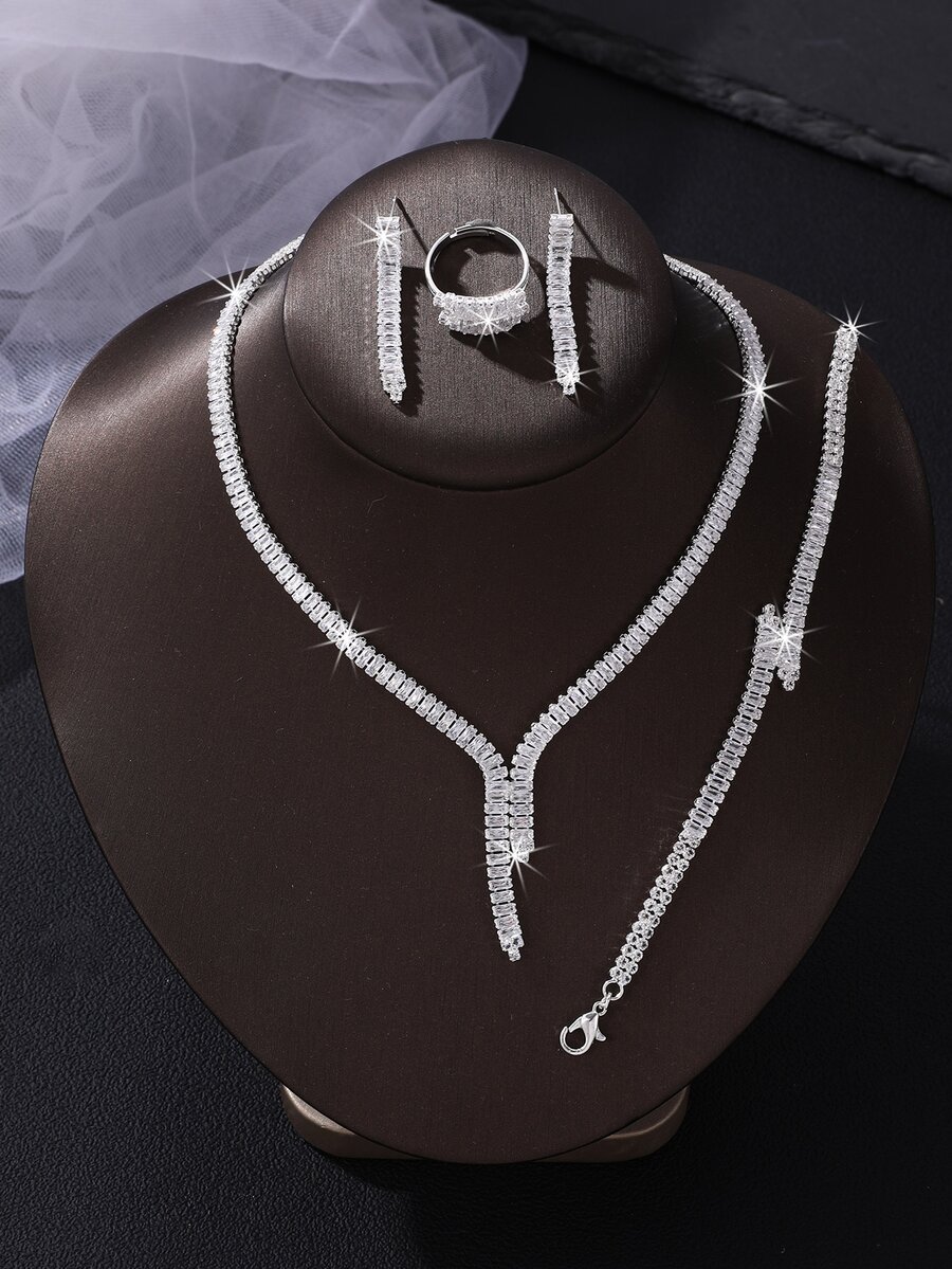 5pcs/Set High-End Elegant Zirconia Bridal Jewelry Set, Including Necklace, Earrings, Bracelet, And Ring, Perfect For Weddings And Formal Occasions - White - View 1