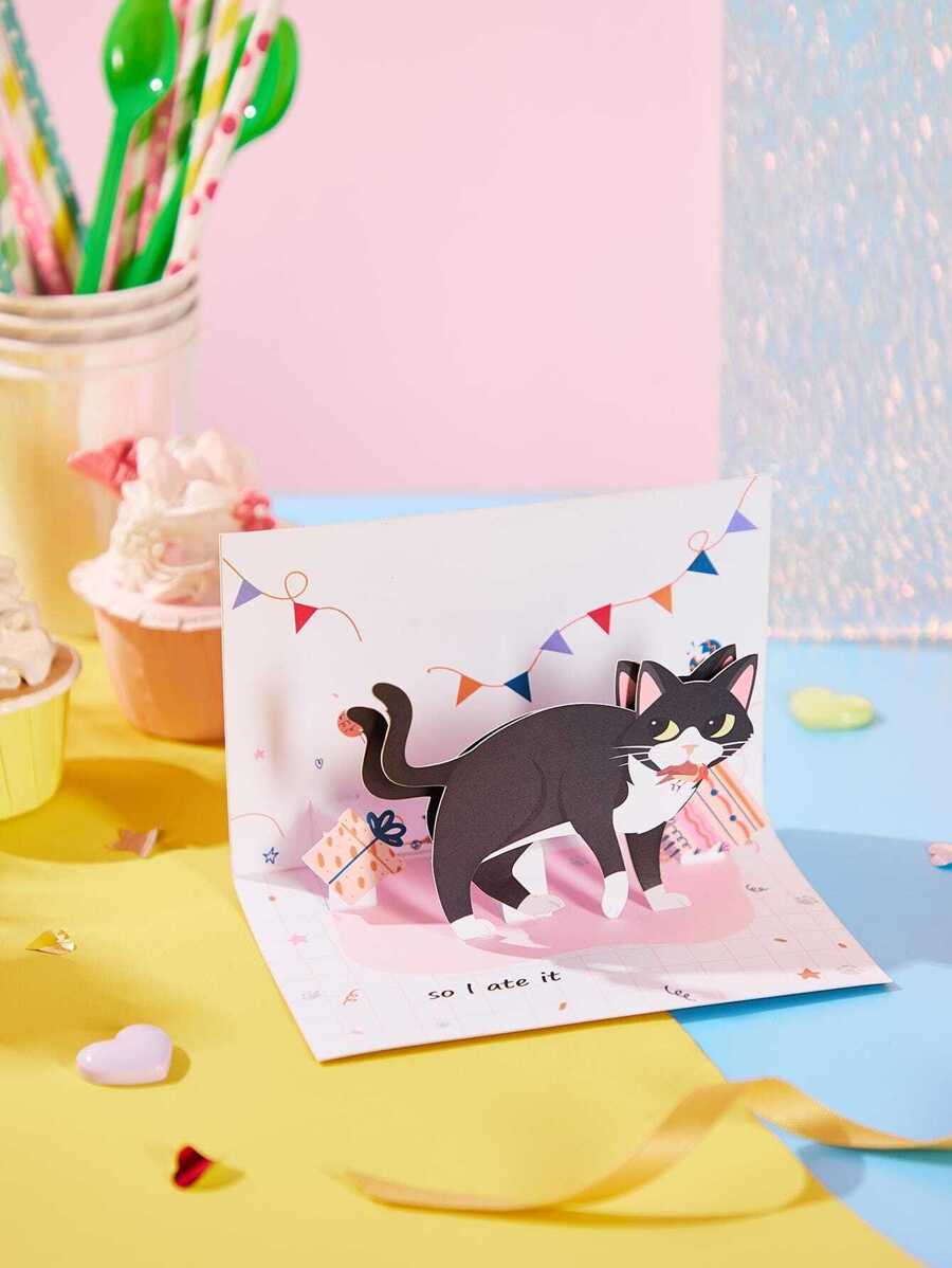 Opjoys 1pc Cat Birthday Card, Greeting Card, Gift For Cat, Cat Happy Birthday Gift, Funny Cat Cards, Kitty Pattern - Red - View 1