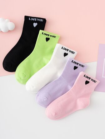 5pairs/set Girls' Solid Color Cute English Letters Knee High Socks