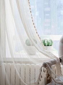 2入組波西米亞鄉村復古風格透明鉤編蕾絲窗簾/帘子,帶流蘇,適用於穀倉門、客廳、臥室、廚房、咖啡廳和健身房 - 米色 - 查看 4
