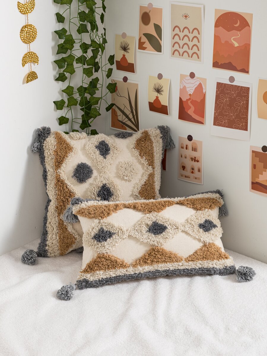 1套(2個)黃色、灰色、白色幾何線條圖案枕套,現代極簡風格和流蘇細節天鵝絨工藝,適用於客廳,沙發,臥室,旅館 - 黃色 - 查看 1