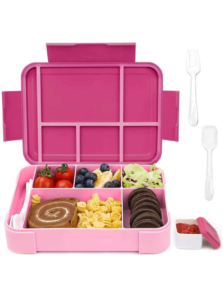 1個學生分隔式密封水果盒沙拉盒,辦公室微波加熱便當盒,外帶便當盒,大容量餐盒附叉匙,方形分隔式保鮮盒 - 玫紅色 - 查看 1