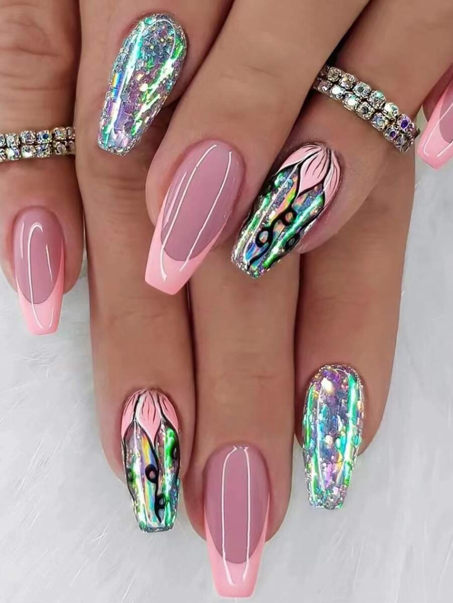 24入組優雅的棺材形狀珍珠閃粉法式假指甲+1支指甲檔+1支果凍膠，按壓式假指甲裝飾品 - 彩色 - 查看 1