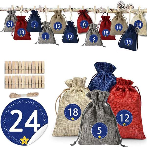 Calendario de Adviento de Navidad 2025, 24 días, calendarios de Adviento colgantes de arpillera, bolsas de regalo, sacos, decoraciones navideñas DIY Cuenta atrás para Navidad para pared, hogar, oficina, Noel