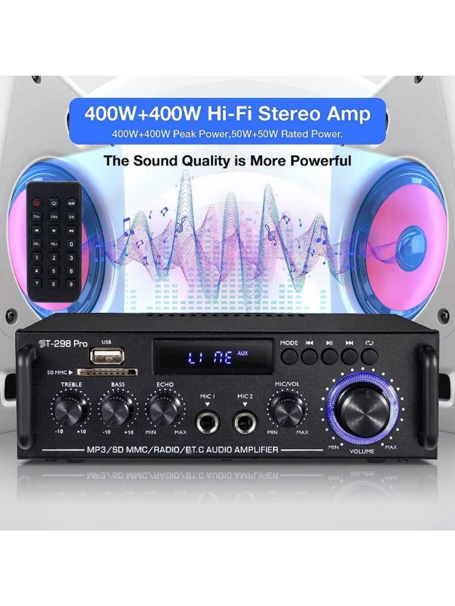 车载功放蓝牙接收器音频放大器2声道HiFi迷你功放家庭影院立体声接收器 - 黑色 - 查看 1