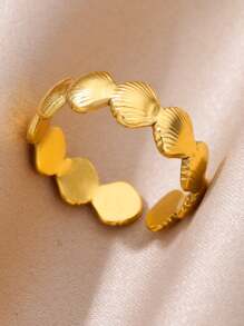 1pc Stainless Steel Abalone Shell Inlayed Open Ring, Women's Beachside Hand Decoration - Yellow Gold - View 2