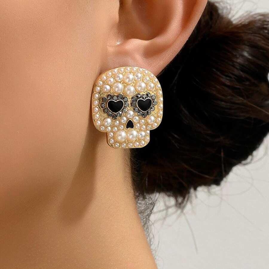 1對座愛心眼骷髏鑽石耳釘，甜美時尚鑲嵌水晶萬聖節耳環珠寶，適合女性和少女 - 黑與白 - 查看 1