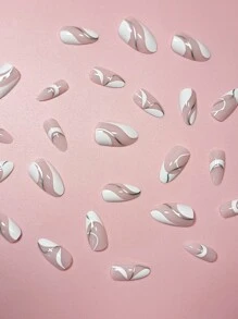 提升你風格帶24入組長款杏仁白色法語條紋圖案假指甲和1入組指甲銼和1張膠帶 - 彩色 - 查看 3