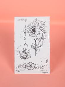 Pegatina De Tatuaje Temporal De Flores De Girasol Y León Con Impresión De Rosa, Arte De Tatuaje Realista No Reflectante Y Resistente Al Agua Para Brazo, Pecho Y Clavícula Femeninos - Negro - Ver 3