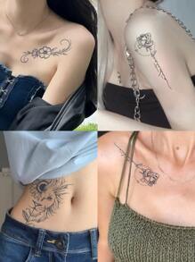 Pegatina De Tatuaje Temporal De Flores De Girasol Y León Con Impresión De Rosa, Arte De Tatuaje Realista No Reflectante Y Resistente Al Agua Para Brazo, Pecho Y Clavícula Femeninos - Negro - Ver 1