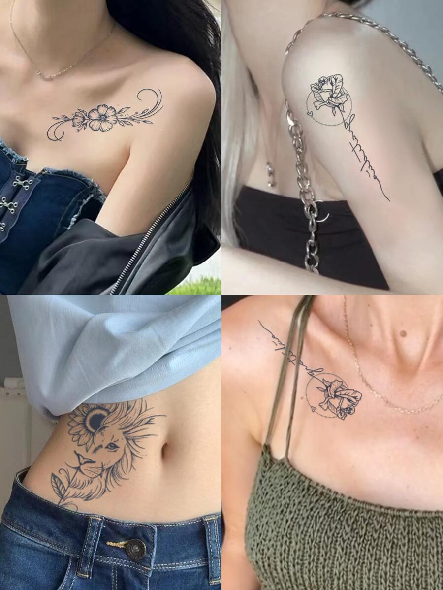 Pegatina De Tatuaje Temporal De Flores De Girasol Y León Con Impresión De Rosa, Arte De Tatuaje Realista No Reflectante Y Resistente Al Agua Para Brazo, Pecho Y Clavícula Femeninos - Negro - Ver 1
