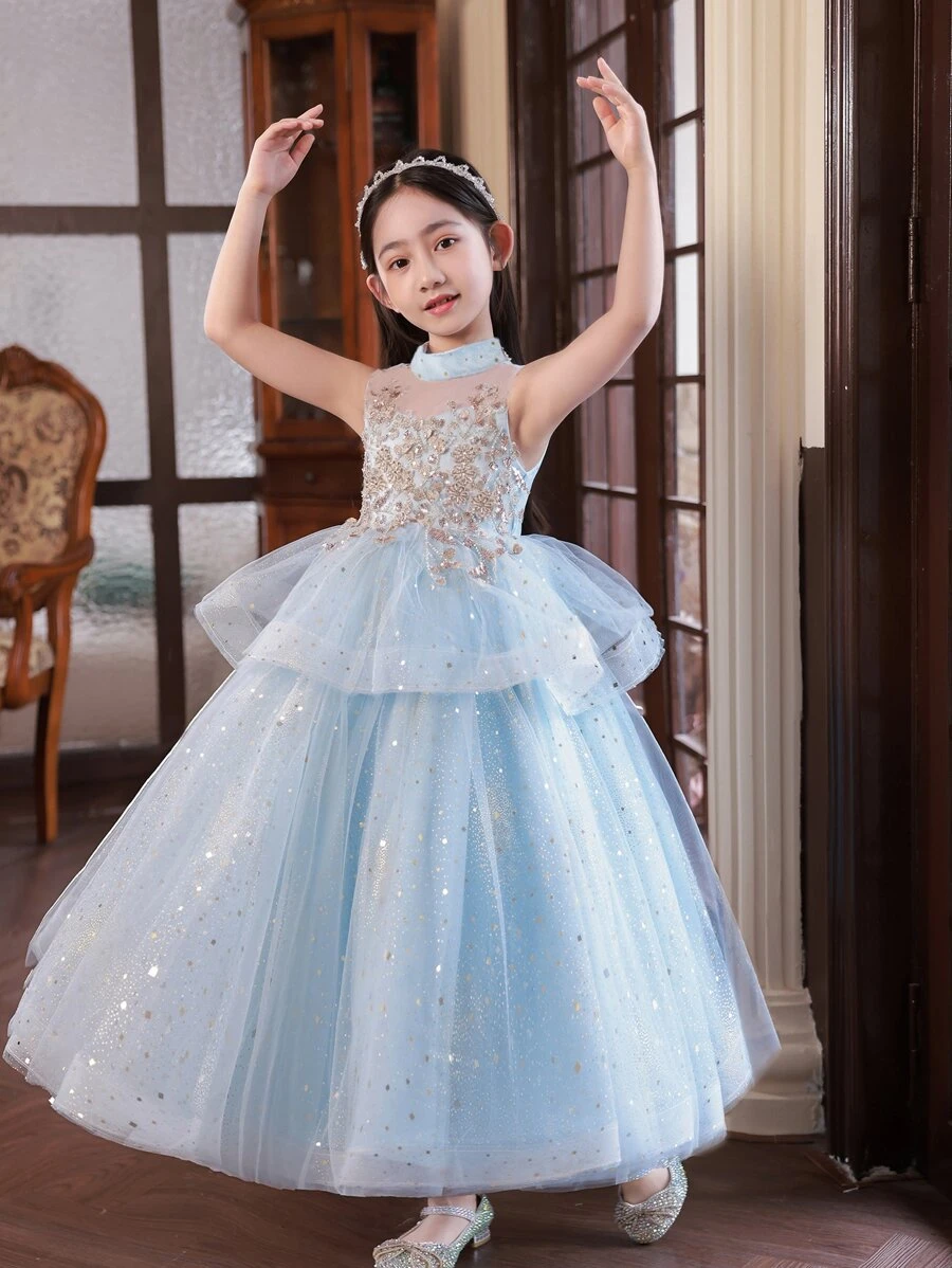 Vestido de fiesta largo azul de gama alta para niñas preadolescentes con bordado y lentejuelas, sin mangas, perfecto para fiestas de cumpleaños, anfitriones, actuaciones - Azul - Ver 1
