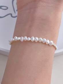 1pc & Elegant Sterling Silver Asymmetrical Baroque 5-6mm Natural Freshwater Pearl Bracelet With Unique Design, Perfect For Birthday Gift To Friends And Daily Wear Wedding Jewelry Bridal Jewelry