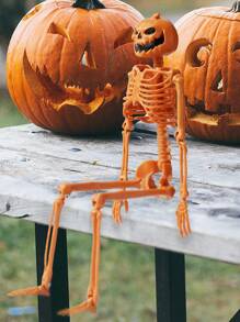 1pc Orange Pumpkin Skeleton, Halloween Haunted House Stage Decoration Prop, Three-dimensional Skull Skeleton With Orange Pumpkin Head, Horror Skeleton - Orange - View 2