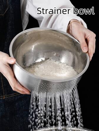 Stainless Steel Thickened Rice Washing Bowl With Slanted Bottom, Vegetable Washing And Draining Strainer Basket, Kitchen Colander School Supplies,Christmas Gift