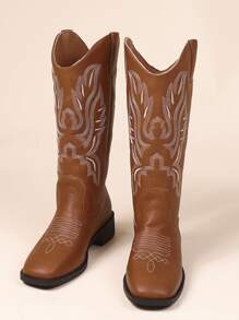 新訂製女式西方牛仔靴,刺繡鞋面,厚跟,寬正方形腳趾,高長筒騎行靴 - 棕色 - 查看 6