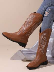 新訂製女式西方牛仔靴,刺繡鞋面,厚跟,寬正方形腳趾,高長筒騎行靴 - 棕色 - 查看 2