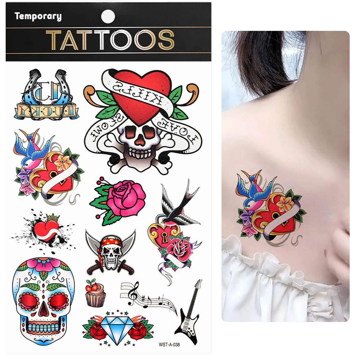 Calcomanía Temporal Impermeable De Tatuaje De Calavera De 27x22 Cm Para Hombres Y Mujeres Adultos, Para Mano, Brazo Y Hombro - Rojo - Ver 1