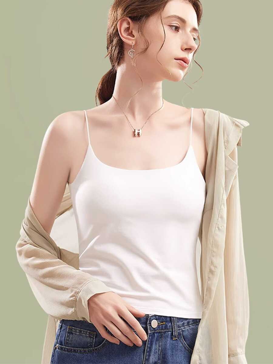 Young Girl Fashion Vest With Spaghetti Straps, Integrated With Bra, Summer Versatile Thin Strap Base Camisole, Minimalist Backless Top For Inner Or Outer Wear. - White - View 1