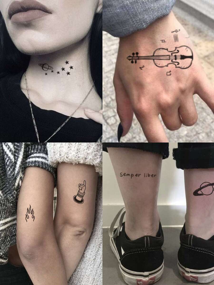 2 Hojas De Tatuajes Pequeños Con Estrellas, Planetas, Instrumentos, Corazones Y Aves Voladoras En Negro Para Los Dedos, Orejas, Muñecas, Arte Corporal Temporal - Negro - Ver 1