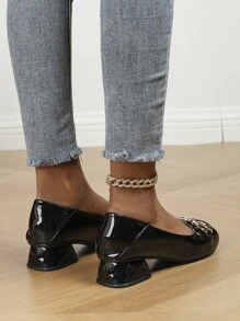 Women's Chunky Heel, Slip-Resistant, Square Toe Patent Leather Shoes, 2023 New Arrivals - Black - View 3