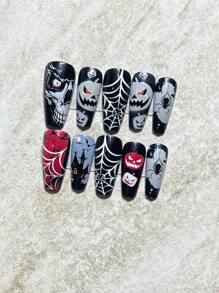 24入組棺材形長款假指甲帶紅色眼睛和南瓜萬聖節主題設計,帶1入組果凍膠水和1入組美甲拋光塊,可拆卸和可重複使用