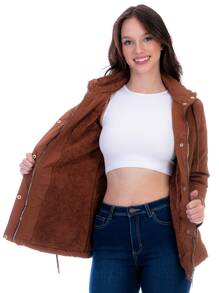 Chamarra Cazadora Larga Para Mujer Con Forro De Peluche - Marrón Mocha - Ver 6