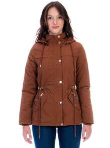 Chamarra Cazadora Larga Para Mujer Con Forro De Peluche - Marrón Mocha - Ver 3