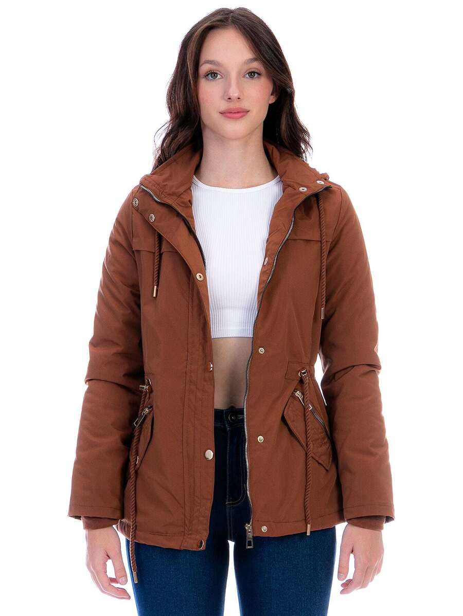 Chamarra Cazadora Larga Para Mujer Con Forro De Peluche - Marrón Mocha - Ver 1