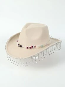1頂豪華水晶流蘇設計女性牛仔帽,米色爵士帽用於舞台、表演、新娘 - 米色 - 查看 4