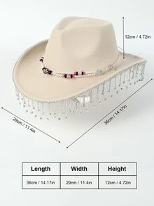 1頂豪華水晶流蘇設計女性牛仔帽,米色爵士帽用於舞台、表演、新娘 - 米色 - 查看 5