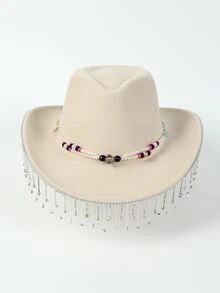 1頂豪華水晶流蘇設計女性牛仔帽,米色爵士帽用於舞台、表演、新娘 - 米色 - 查看 3