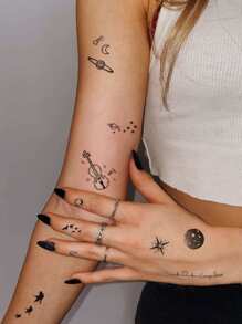 2 Hojas De Tatuajes Pequeños Con Estrellas, Planetas, Instrumentos, Corazones Y Aves Voladoras En Negro Para Los Dedos, Orejas, Muñecas, Arte Corporal Temporal - Negro - Ver 3