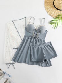 3 件套泳衣套装，连体泳衣，包括连衣裙、罩衫和平角裤。保守的设计可以隐藏腹部并展现曲线，适合温泉、海滩和假日游泳 - 灰色 - 查看 1