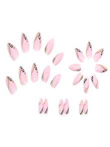 Upgrade Your Style With 24pcs Short Almond Shape Fashionable Pink French Leopard Print Full Wrap Nail Kit For Parties, Dancing And Daily Wear - Pink - View 3