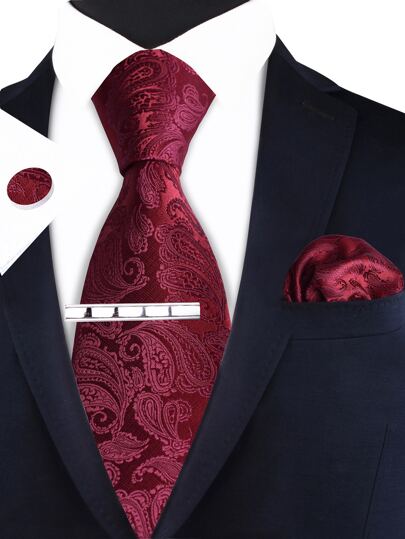 1pc Men's 8cm Burgundy Paisley Necktie With Pocket Square, Cufflinks And Tie Clip Set, Necktie For Wedding Party Work Men Necktie
