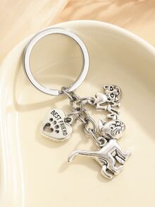 1 pc Cat & Heart Paw Keychain Jewelry Pendant Car Key Chain - Antique Silver - View 3