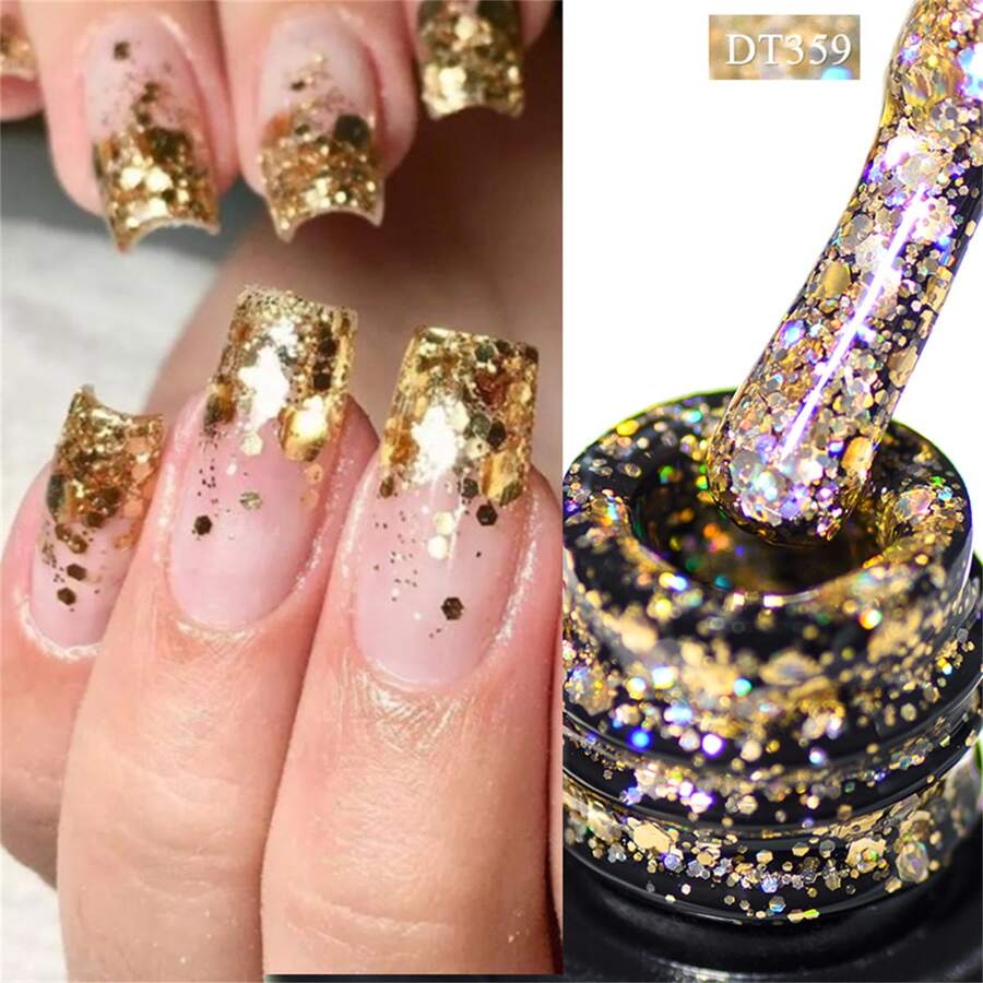 MEET ACROSS 7ml Glitter Gel Nail Polish, Shiny Light Gold, Semi-Permanent Nail Polish, Removable, UV/LED Cured, Suitable For Manicure Art, Nail Design, Decoration, Gift, Party, Carnival, Holiday And Other Occasions. - 金色 - 查看 1