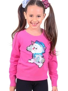 Sueter tejido de Punto strech para niña con parche de perrito con lentejuela CSK-014 - Rosa Fucsia - Ver 2