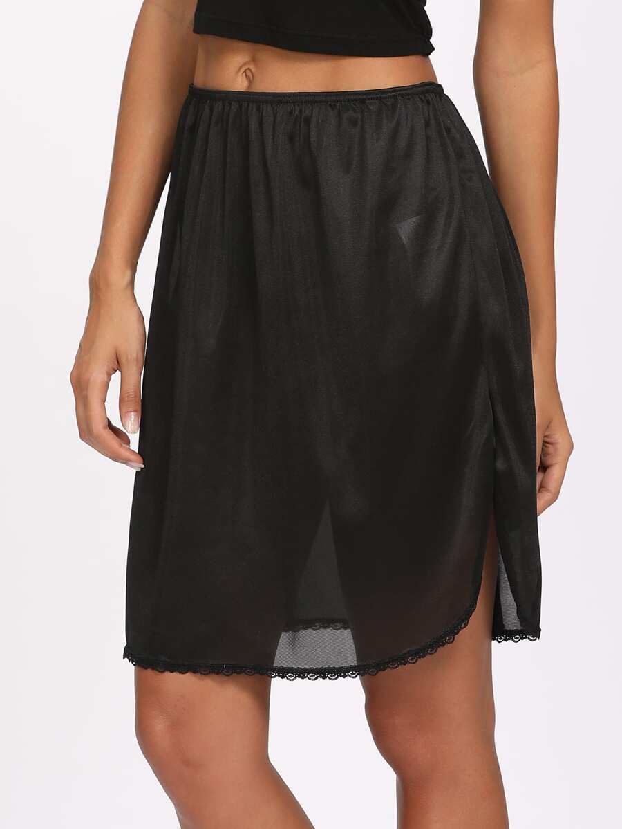 1pc Lace Trimmed Half Slip Nightgown - Black - View 1