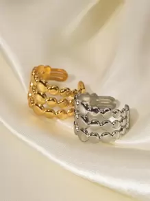 Uworld 1入圓形裝飾袖扣開放式戒指,防水18k金鍍銀不銹鋼珠鍊戒指,適合女性日常佩戴 - 金黃色 - 查看 2