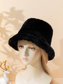 1入女性純色絨布漏斗帽，適用於秋冬季節日常穿著 - 黑色 - 查看 2