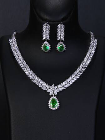 2 Pieces Luxury Cubic  4 Colors Water Drop Wedding Earrings Necklace For Women Bridal Jewelry Sets Party Accessories