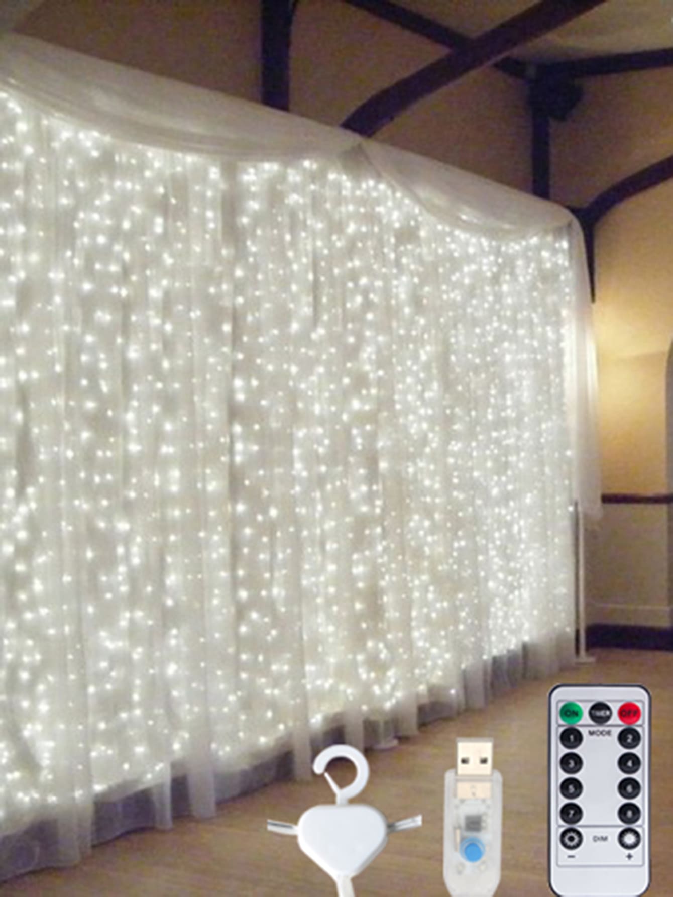 LED 窗帘灯串，USB 供电，铜线，LED 仙女灯花环，用于新年婚礼派对花园家居窗帘圣诞装饰灯 - 白色 - 查看 1