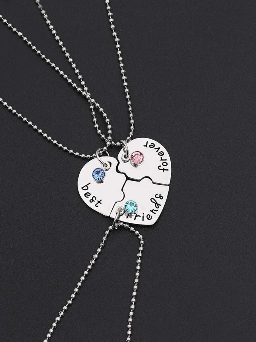 Collar con dije de corazón de amistad de 3 capas con letra, ideal para volver a la escuela, uso diario y San Valentín, adecuado para hermanas o mejores amigas - Plateado - Ver 1