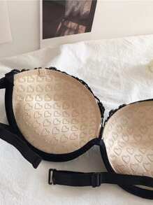 无肩带蕾丝刺绣防滑聚拢半罩杯文胸、内衣 - 黑色 - 查看 7