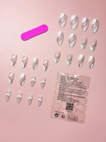 提升你風格帶24入組長款杏仁白色法語條紋圖案假指甲和1入組指甲銼和1張膠帶 - 彩色 - 查看 2