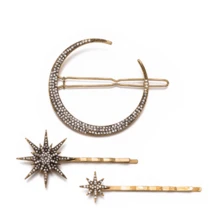 3入組幾何設計髮夾套裝帶月亮,雪花,和星形水鑽裝飾用品,髮夾 - 金色 - 查看 1